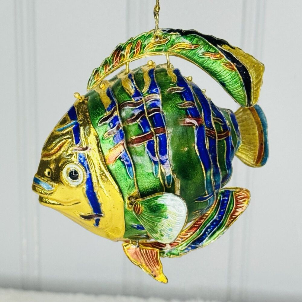 Cloisonne Enameled Metal Articulated Fish Christmas Ornament Body Bends Vintage